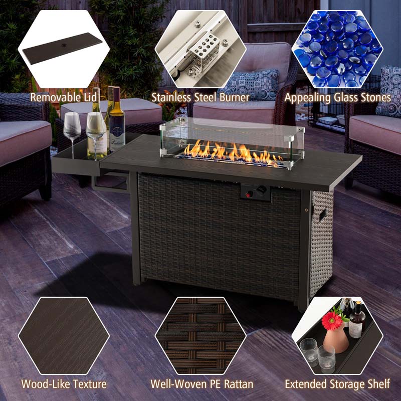 52 Inch 50,000 BTU Outdoor Wicker Gas Fire Pit Propane Fire Table with Wind Guard & Extended Shelf