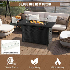 52 Inch 50,000 BTU Outdoor Wicker Gas Fire Pit Propane Fire Table with Wind Guard & Extended Shelf