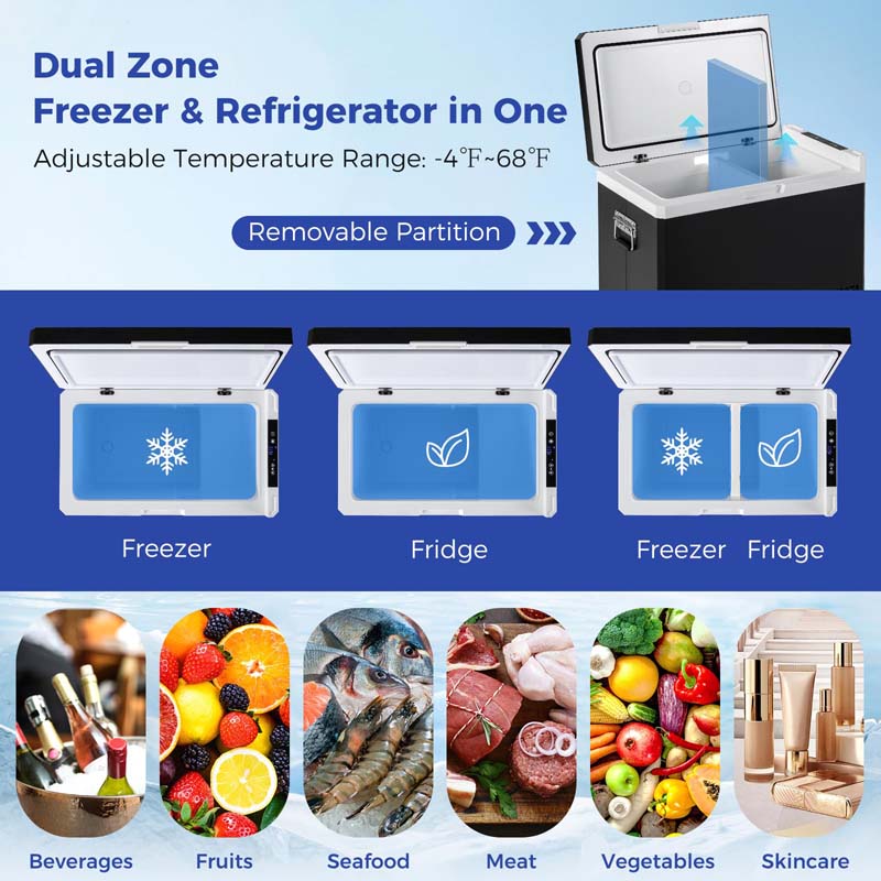53QT Portable Car Fridge Freezer for Camping Travel, Dual-zone Electric Cooler w/-4℉~68℉ Adjustable Range, 12/24V DC & 110-240V AC