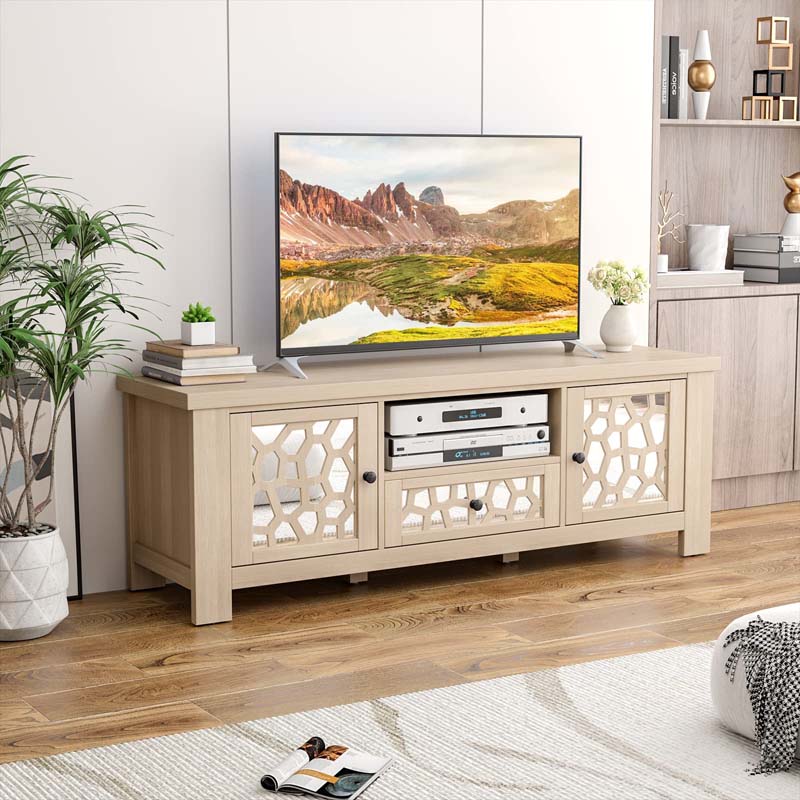 55" Retro TV Stand for 60 Inch TVs, TV Console Cabinet Entertainment Center with Mirror Doors, Drawer Open Shelf, Cable Hole