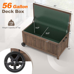 56 Gallon Wooden Patio Storage Bench Box w/Removable Waterproof PE Liner, Outdoor Deck Box with Wheels for Garden Tools, Pools Equipment