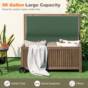 56 Gallon Wooden Patio Storage Bench Box w/Removable Waterproof PE Liner, Outdoor Deck Box with Wheels for Garden Tools, Pools Equipment