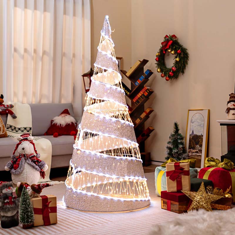 5 FT Pre-lit Christmas Cone Tree, Artificial Spiral Conic Tree with 300 Warm White & 250 Cold White LED Lights, Xmas Holiday Decor for Home Party