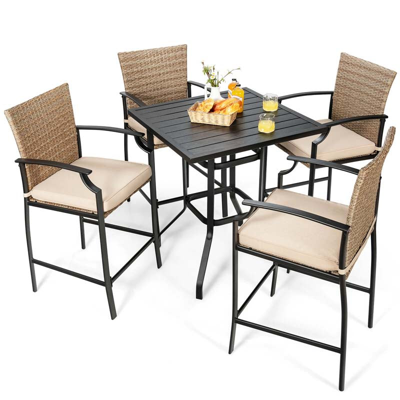 5 Pieces Heavy-Duty Steel Frame Outdoor Patio Bar Set Rattan Bistro Set with 4 Wicker Bar Stools and 1 Bar Table, Soft Cushions