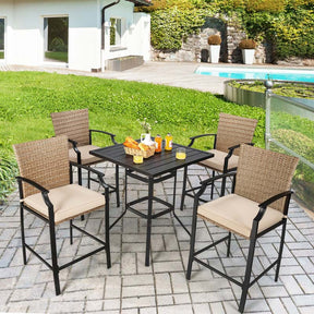 5 Pieces Heavy-Duty Steel Frame Outdoor Patio Bar Set Rattan Bistro Set with 4 Wicker Bar Stools and 1 Bar Table, Soft Cushions