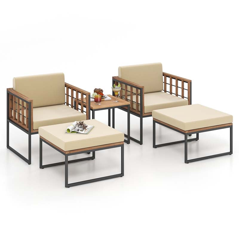 5Pcs Acacia Wood Patio Furniture Set with Ottomans, Outdoor Conversation Set with Soft Cushions & Coffee Table for Poolside Balcony