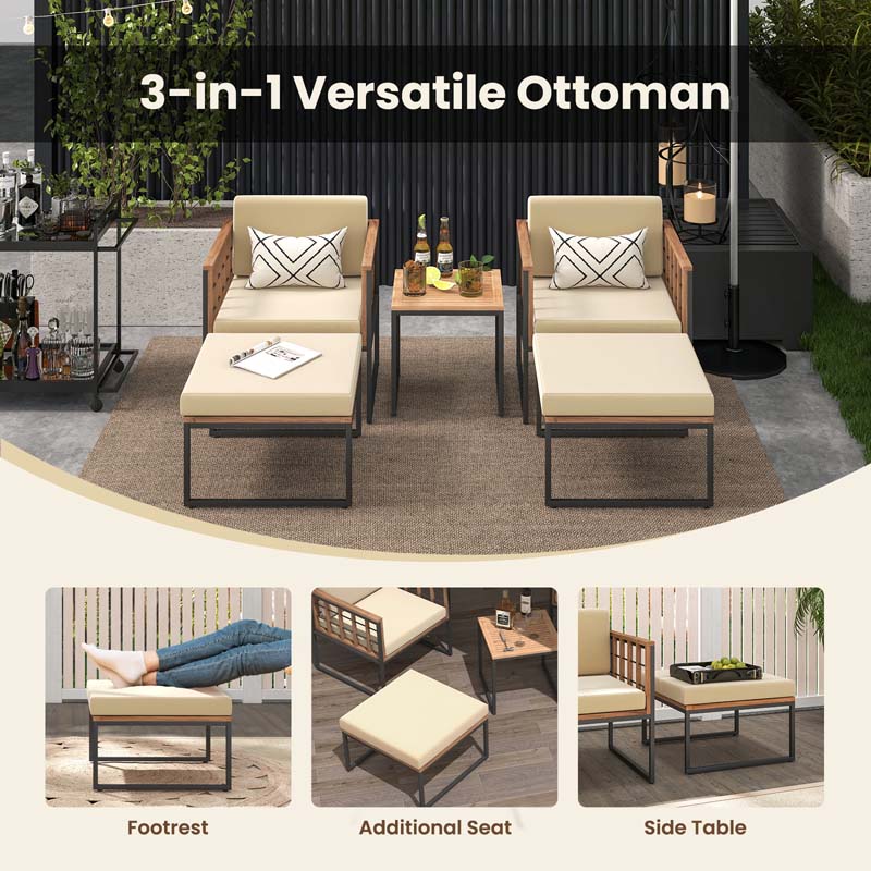5Pcs Acacia Wood Patio Furniture Set with Ottomans, Outdoor Conversation Set with Soft Cushions & Coffee Table for Poolside Balcony