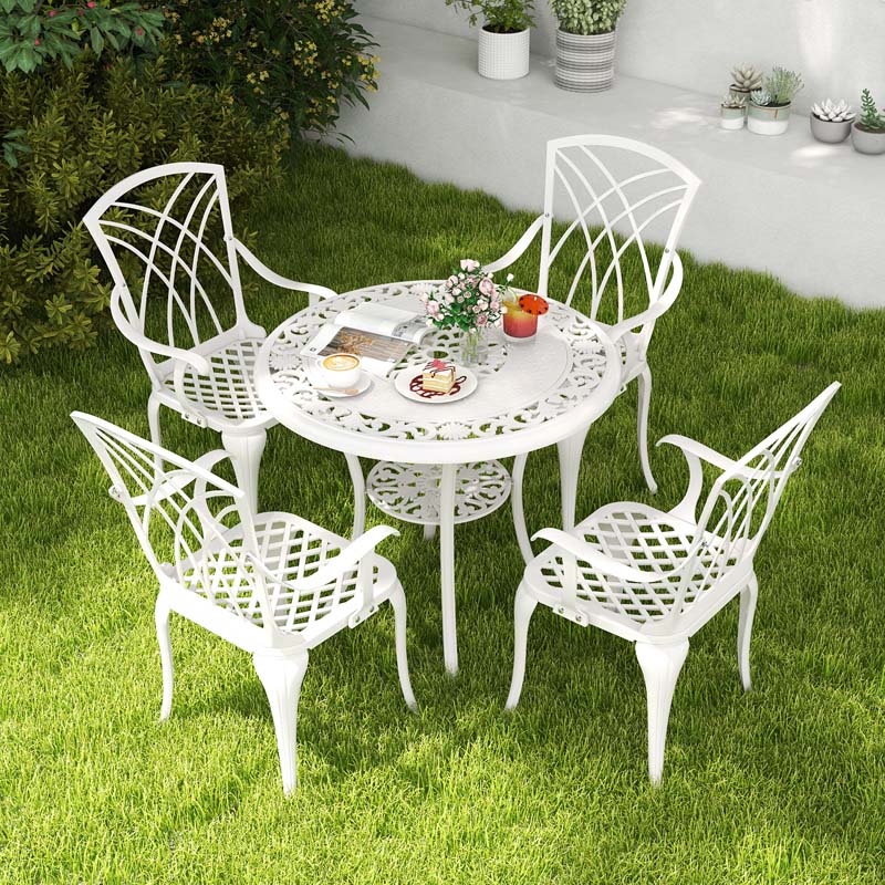 5 Pieces Retro Cast Aluminum Outdoor Round Dining Table Set with 2.5" Umbrella Hole & 4 Armchairs