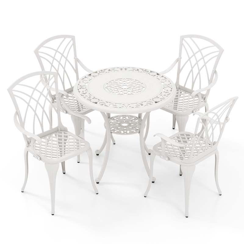 5 Pieces Retro Cast Aluminum Outdoor Round Dining Table Set with 2.5" Umbrella Hole & 4 Armchairs