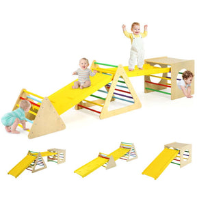 5 in 1 Kids Triangle Climber Play Gym Set with Double Sided Ramps, Indoor Toddler Wooden Climbing Toys for Playground Daycare