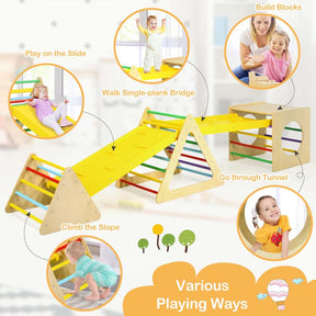 5 in 1 Kids Triangle Climber Play Gym Set with Double Sided Ramps, Indoor Toddler Wooden Climbing Toys for Playground Daycare