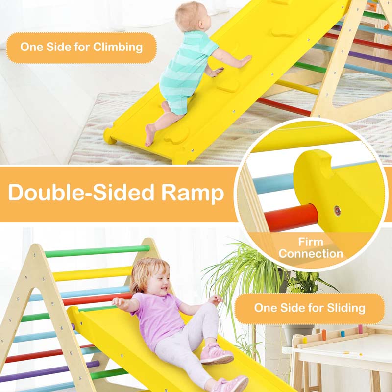 5 in 1 Kids Triangle Climber Play Gym Set with Double Sided Ramps, Indoor Toddler Wooden Climbing Toys for Playground Daycare