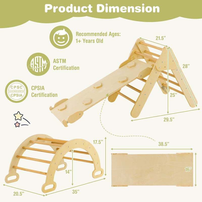 5-in-1 Montessori Wooden Climbing Toys for Toddlers, Arch Climber Ladder with Sliding Ramp, Kids Triangle Climber Play Gym Set