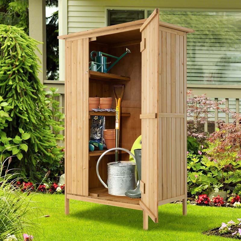 5 x 3 FT Wooden Garden Shed with Asphalt Roof & 3 Shelves, Outdoor Storage Cabinet Outside Utility Tool Shed Organizer for Backyard