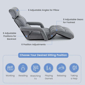 6-Position Adjustable Folding Floor Chair Lazy Sofa Bed w/Backrest and Armrests, Padded Gaming Recliner for Reading Sleeping