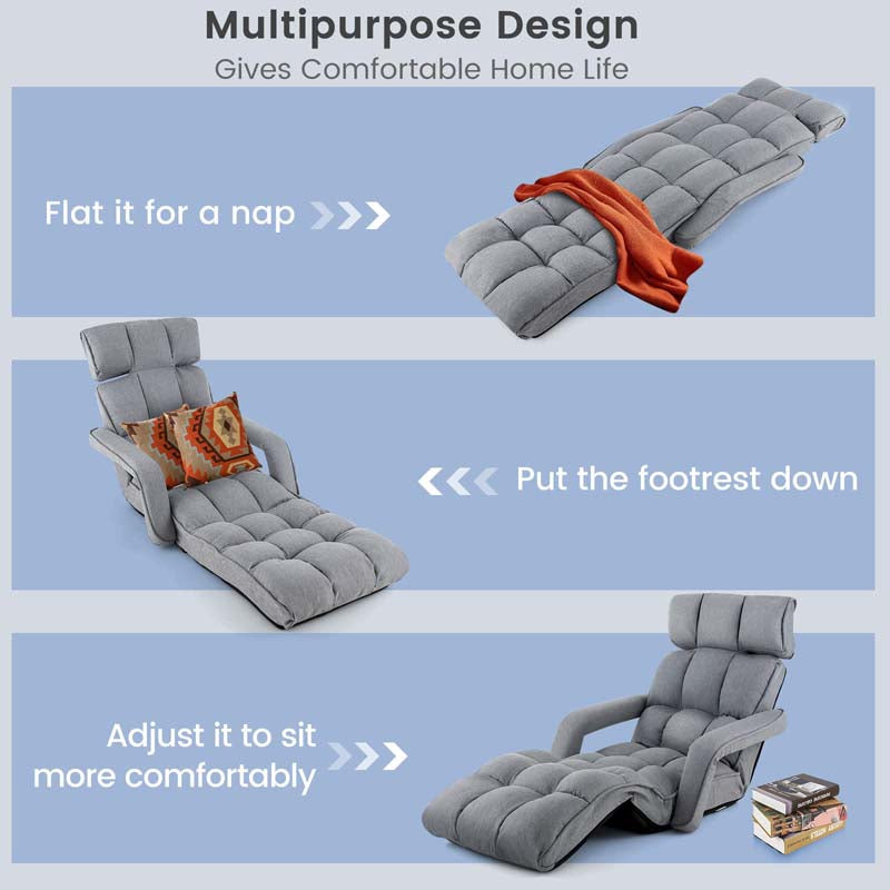 6-Position Adjustable Folding Floor Chair Lazy Sofa Bed w/Backrest and Armrests, Padded Gaming Recliner for Reading Sleeping