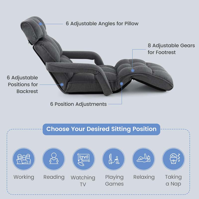 6-Position Adjustable Folding Floor Chair Lazy Sofa Bed w/Backrest and Armrests, Padded Gaming Recliner for Reading Sleeping