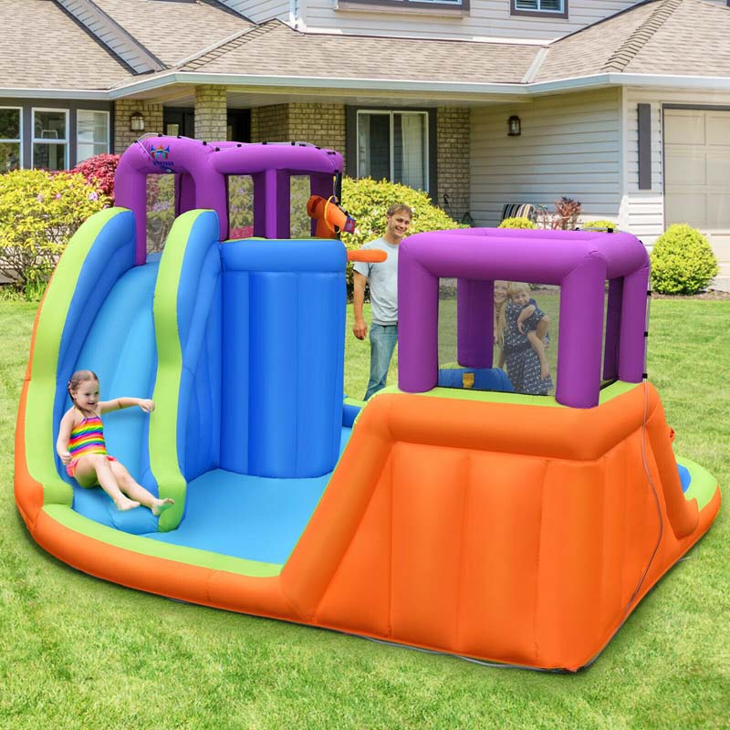 6-in-1 Inflatable Dual Water Slides Bounce House Kids Giant Blow up Water Park with Climbing Wall, Splash Pool, Water Guns