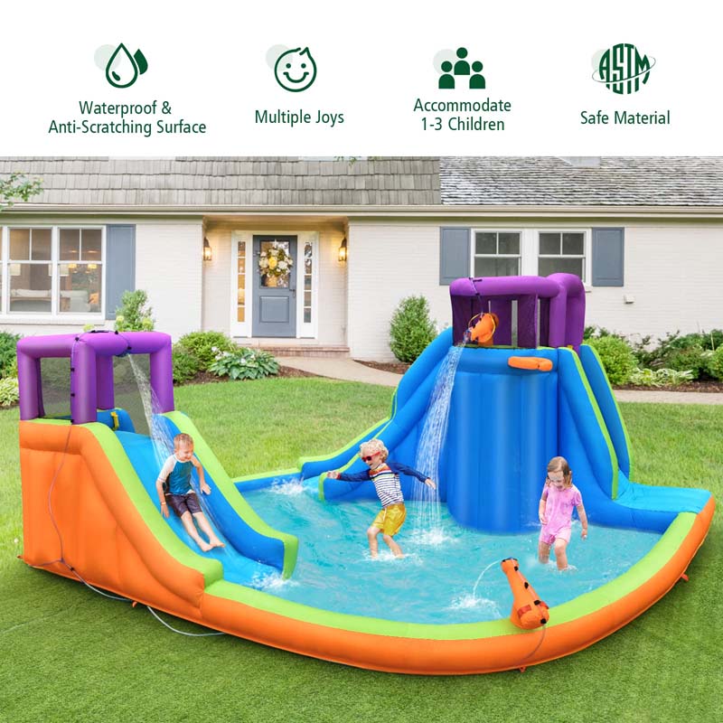 6-in-1 Inflatable Dual Water Slides Bounce House Kids Giant Blow up Water Park with Climbing Wall, Splash Pool, Water Guns