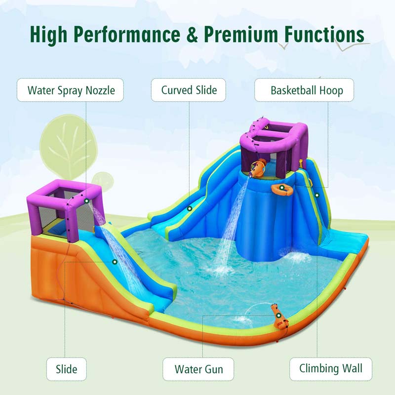 6-in-1 Inflatable Dual Water Slides Bounce House Kids Giant Blow up Water Park with Climbing Wall, Splash Pool, Water Guns