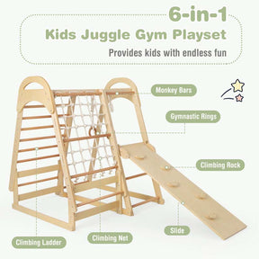 6-in-1 Wooden Kids Jungle Gym Playset with Slide Climbing Net, Indoor Playground Montessori Climbing Toys for Toddlers