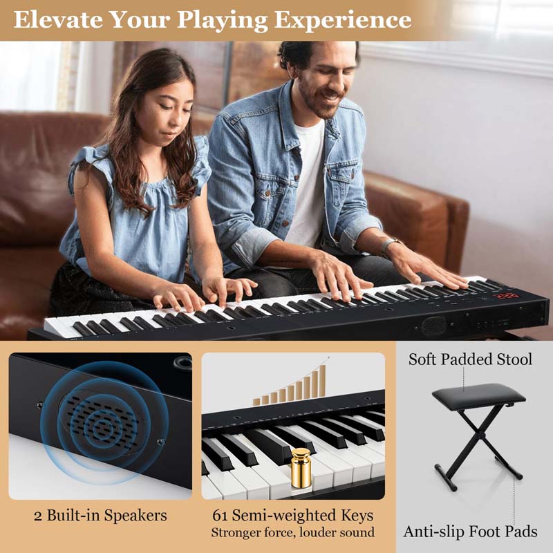 61 Key Electric Piano Keyboard Kit for Beginners w/Semi-weighted Keys, 129 Tones, Wireless MIDI USB/Sustain Pedal, Piano Stand, Bench