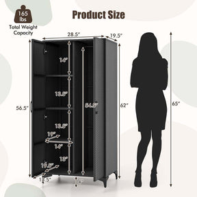 62" Tall PE Rattan Wicker Wardrobe Closet Storage Cabinet with 2 Doors, Hanging Rod, 4 Storage Cubes, Metal Legs, Anti-tipping Device