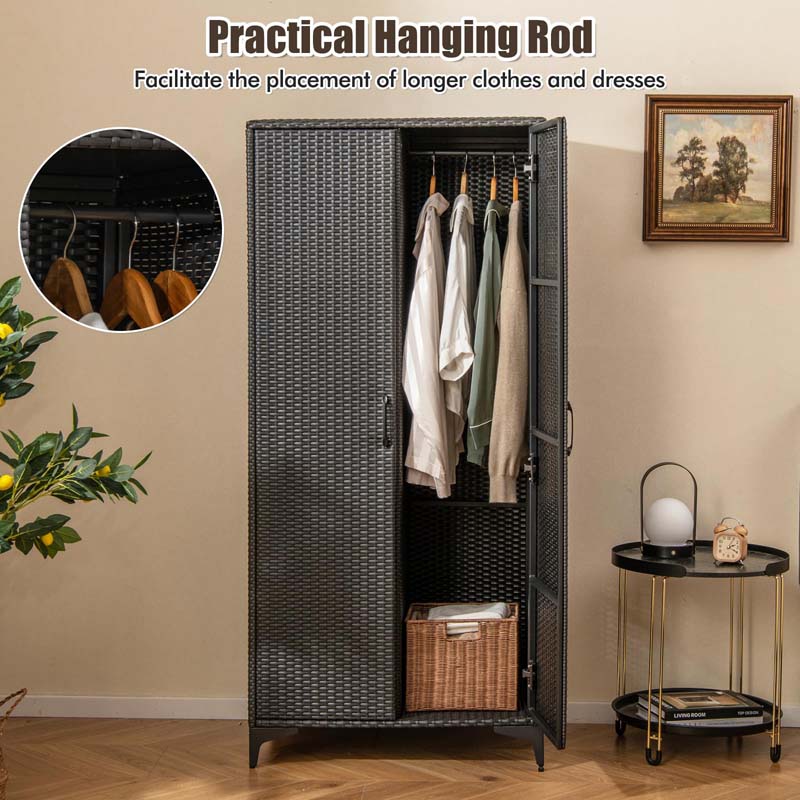 62" Tall PE Rattan Wicker Wardrobe Closet Storage Cabinet with 2 Doors, Hanging Rod, 4 Storage Cubes, Metal Legs, Anti-tipping Device