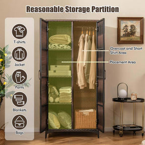 62" Tall PE Rattan Wicker Wardrobe Closet Storage Cabinet with 2 Doors, Hanging Rod, 4 Storage Cubes, Metal Legs, Anti-tipping Device