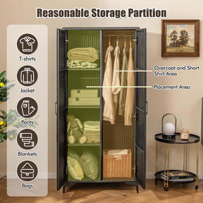 62" Tall PE Rattan Wicker Wardrobe Closet Storage Cabinet with 2 Doors, Hanging Rod, 4 Storage Cubes, Metal Legs, Anti-tipping Device