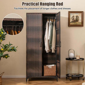 62" Tall PE Rattan Wicker Wardrobe Closet Storage Cabinet with 2 Doors, Hanging Rod, 4 Storage Cubes, Metal Legs, Anti-tipping Device