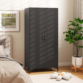 62" Tall PE Rattan Wicker Wardrobe Closet Storage Cabinet with 2 Doors, Hanging Rod, 4 Storage Cubes, Metal Legs, Anti-tipping Device