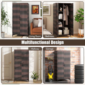 62" Tall PE Rattan Wicker Wardrobe Closet Storage Cabinet with 2 Doors, Hanging Rod, 4 Storage Cubes, Metal Legs, Anti-tipping Device