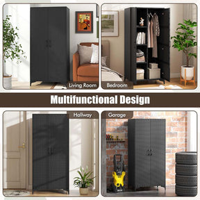 62" Tall PE Rattan Wicker Wardrobe Closet Storage Cabinet with 2 Doors, Hanging Rod, 4 Storage Cubes, Metal Legs, Anti-tipping Device