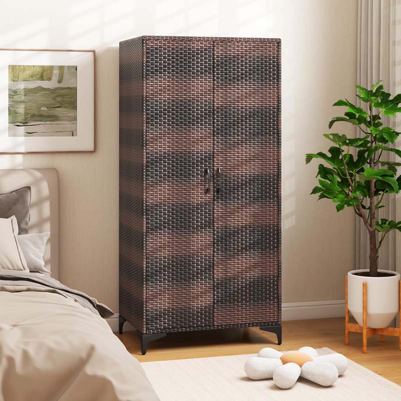 62" Tall PE Rattan Wicker Wardrobe Closet Storage Cabinet with 2 Doors, Hanging Rod, 4 Storage Cubes, Metal Legs, Anti-tipping Device