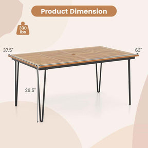 63"L Rectangular Acacia Wood Dining Table with Umbrella Hole, 6-People Outdoor Patio Dining Table for Patio Yard Garden Deck