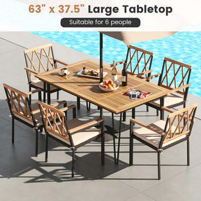 63"L Rectangular Acacia Wood Dining Table with Umbrella Hole, 6-People Outdoor Patio Dining Table for Patio Yard Garden Deck