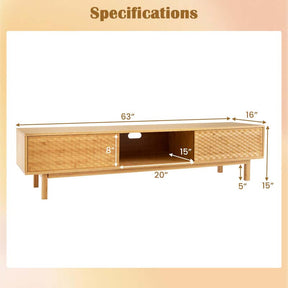 Bamboo TV Stand for 65"-70" TVs, 63" Mid Century Modern TV Console Table w/Sliding Doors & 3 Storage Compartments