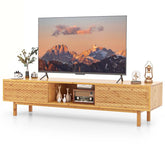 Bamboo TV Stand for 65"-70" TVs, 63" Mid Century Modern TV Console Table w/Sliding Doors & 3 Storage Compartments