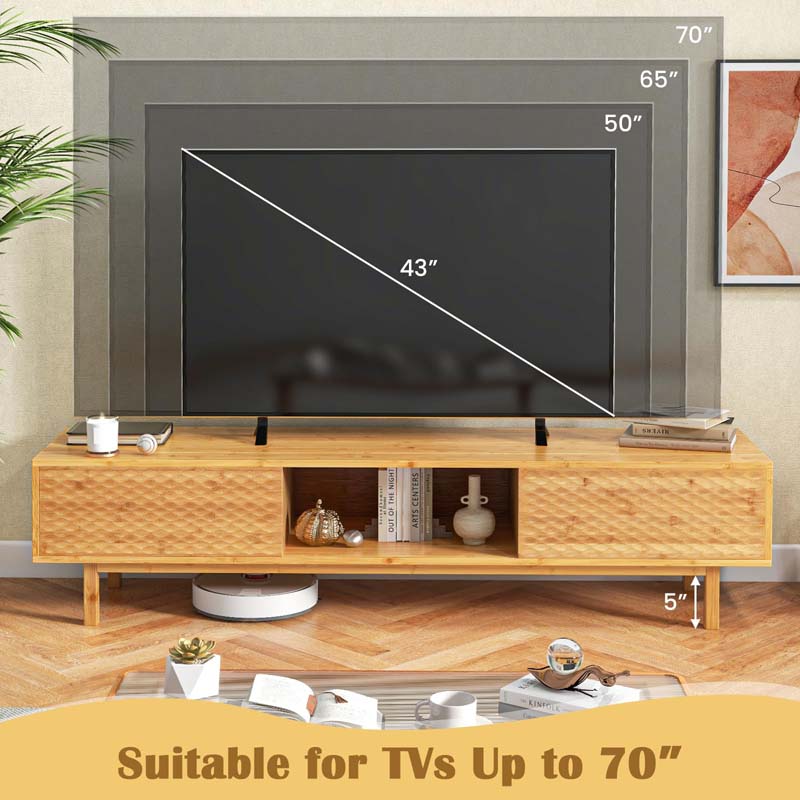 Bamboo TV Stand for 65"-70" TVs, 63" Mid Century Modern TV Console Table w/Sliding Doors & 3 Storage Compartments