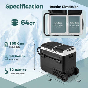 64-Quart Car Refrigerator Cooler with Wheels, Dual-zone Portable Car Fridge Freezer for RV Camping, 12V/24V DC, 100-240V AC
