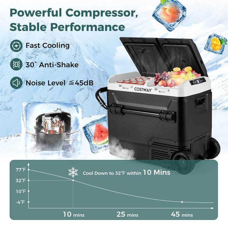 64-Quart Car Refrigerator Cooler with Wheels, Dual-zone Portable Car Fridge Freezer for RV Camping, 12V/24V DC, 100-240V AC