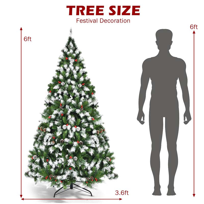 6/7.5/9FT Pre-lit Artificial Christmas Tree, Hinged Snow Flocked Xmas Tree w/Pine Cones, Red Berries & 250/550/900 LED Lights, 8 Lighting Modes