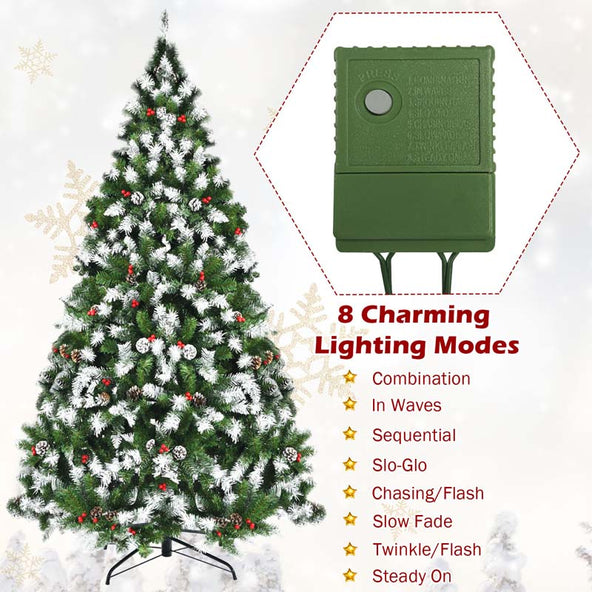 6/7.5/9FT Pre-lit Artificial Christmas Tree, Hinged Snow Flocked Xmas Tree w/Pine Cones, Red Berries & 250/550/900 LED Lights, 8 Lighting Modes