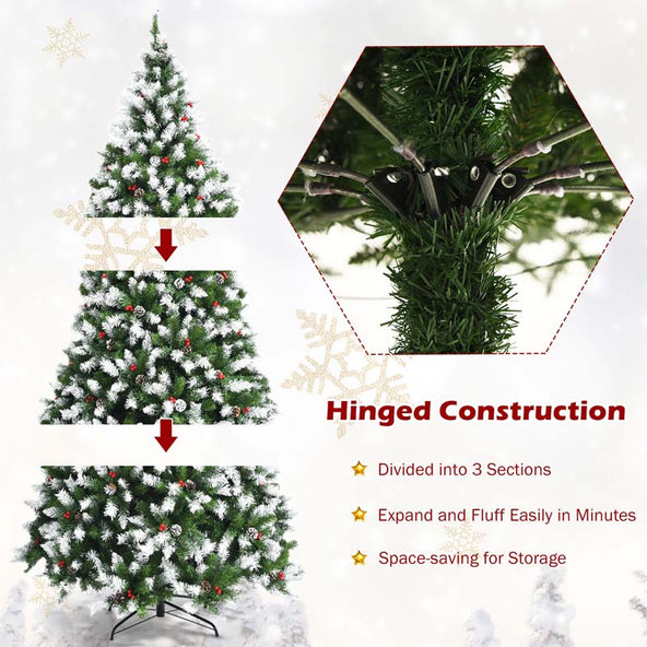 6/7.5/9FT Pre-lit Artificial Christmas Tree, Hinged Snow Flocked Xmas Tree w/Pine Cones, Red Berries & 250/550/900 LED Lights, 8 Lighting Modes