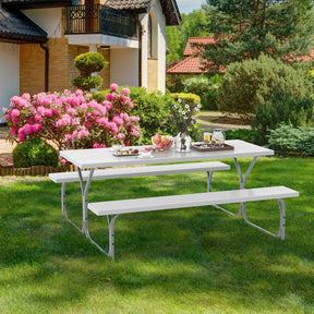 6 FT 8-Person Outdoor Large Picnic Table Bench Set with Umbrella Hole, Metal Frame, All-Weather HDPE Tabletop