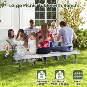 6 FT 8-Person Outdoor Large Picnic Table Bench Set with Umbrella Hole, Metal Frame, All-Weather HDPE Tabletop