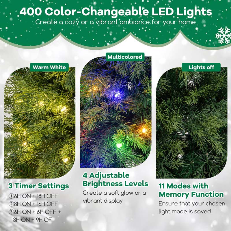 6/7.5 FT Pre-Lit Artificial Christmas Tree, Hinged Xmas Tree with 300/400 Multicolored & LED Lights, 11 Modes, 721/1019 PVC & PE Tips, Remote