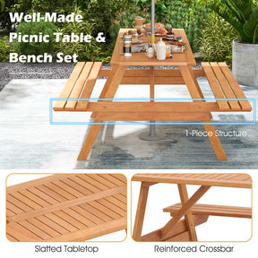 6-Person Rectangle Picnic Table with 2 Built-in Benches, Hardwood Outdoor Picnic Table Bench Set with 2-Inch Umbrella Hole