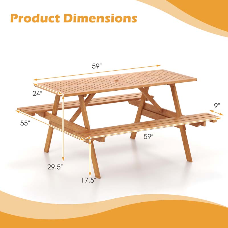 6-Person Rectangle Picnic Table with 2 Built-in Benches, Hardwood Outdoor Picnic Table Bench Set with 2-Inch Umbrella Hole